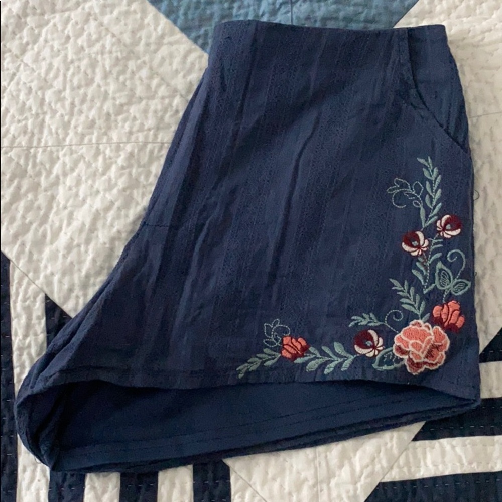 Blue Floral Embroidered Shorts